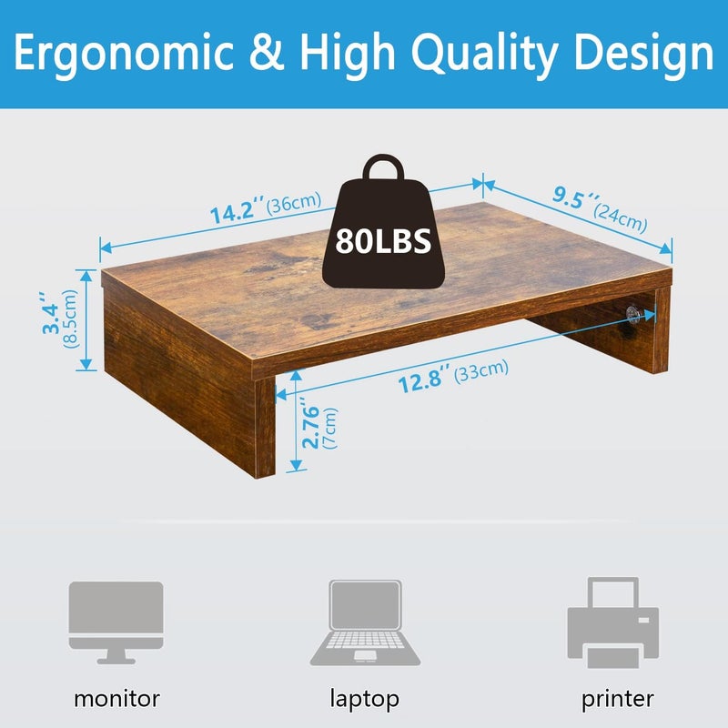 TEAMIX 14.2 inch Monitor Stand Riser, Rustic Brown Wood Monitor Riser with Storage for Desk Small Monitor Stand TV/Screen/PC/Laptop Riser Computer Stand Desktop Shelf (Brown-14.2 inch) - Image 5